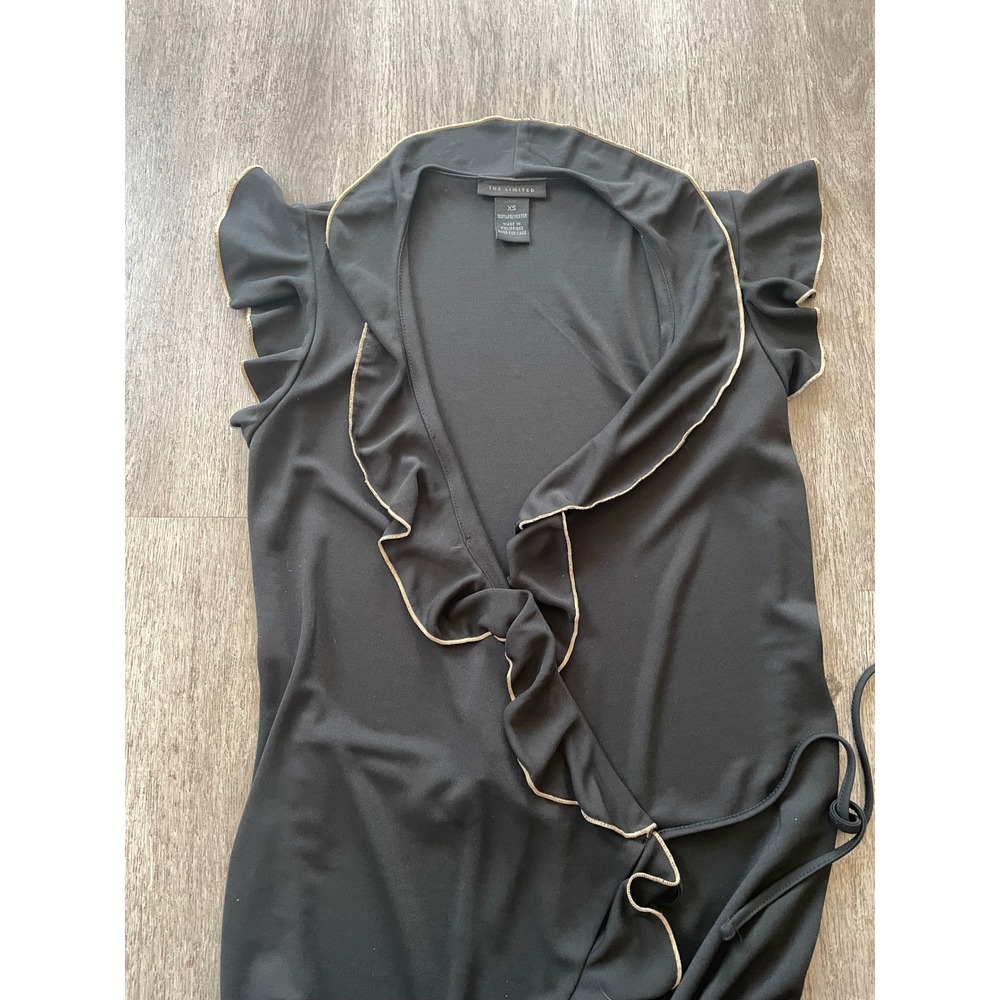 The Limited Black Ruffle Wrap Dress Gold Trim Midi Flutter Sleeve XS - Picture 3 of 4